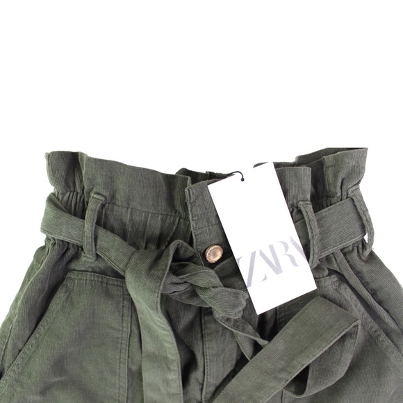 Zara NWT Baggy Paperbag Corduroy Green Tie Shorts 32/ 00 - Picture 9 of 12